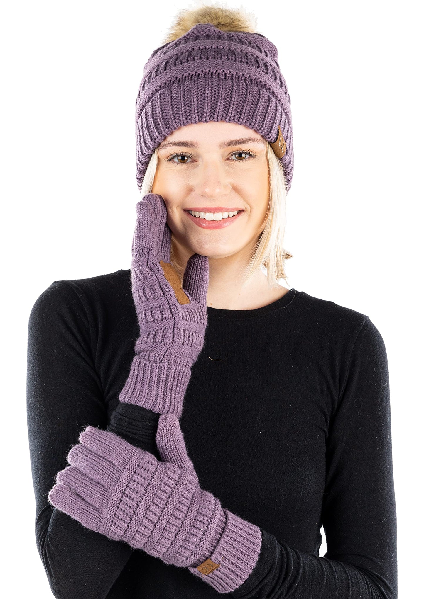 Pom Beanie & Lined Gloves Set (Natural Pom) by Funky Junque