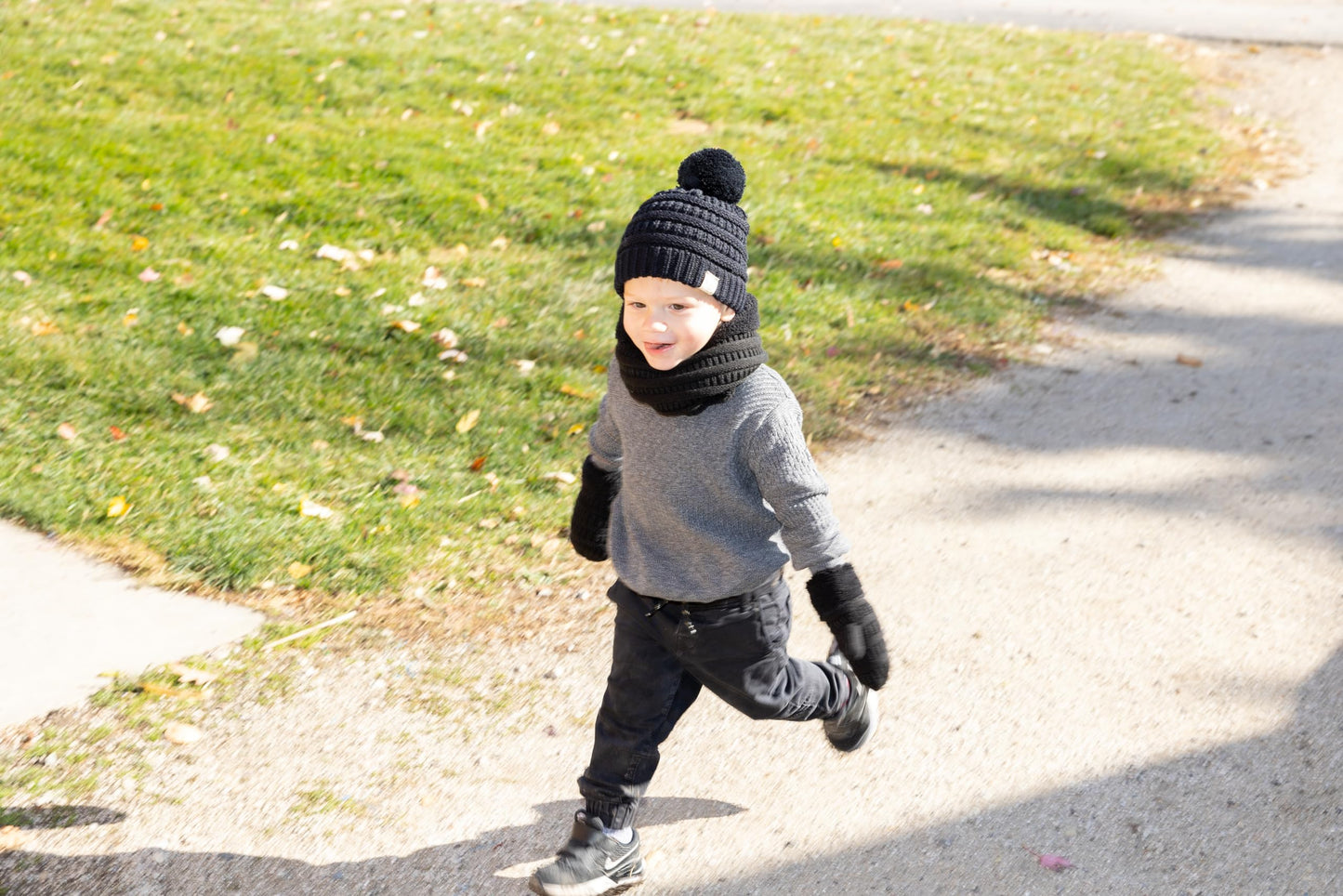 Kids Matching Pom Beanie, Neck Warmer & Mittens Set by Funky Junque