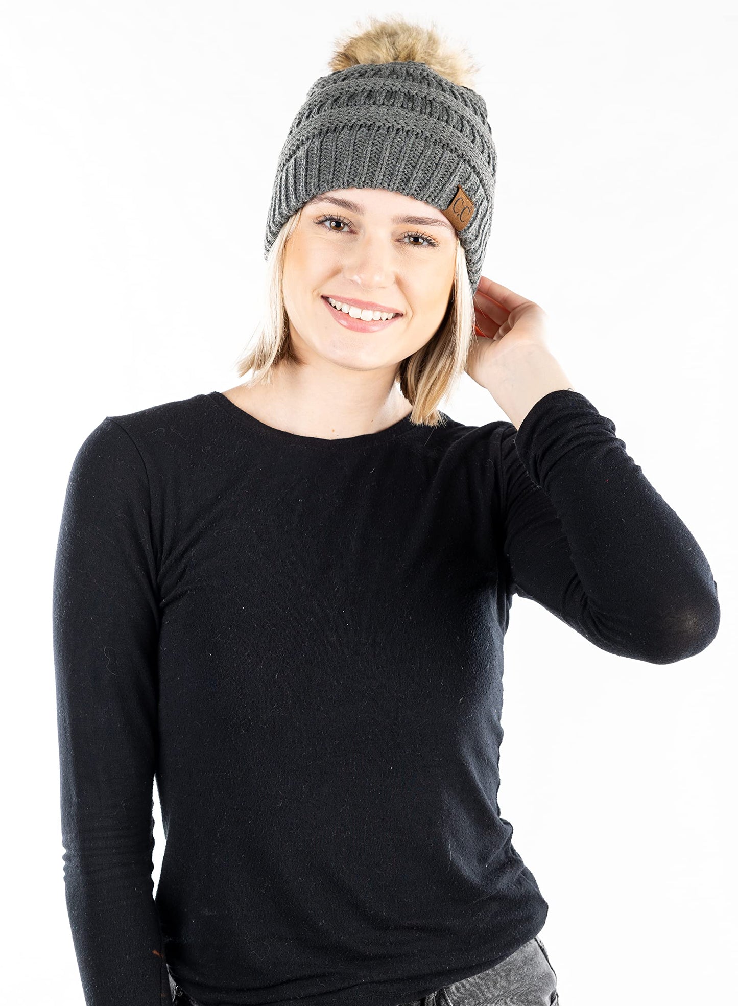 Ribbed Cable Knit Natural Faux Fur Pom Beanie