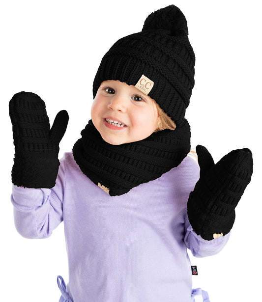 Kids Matching Pom Beanie, Neck Warmer & Mittens Set by Funky Junque