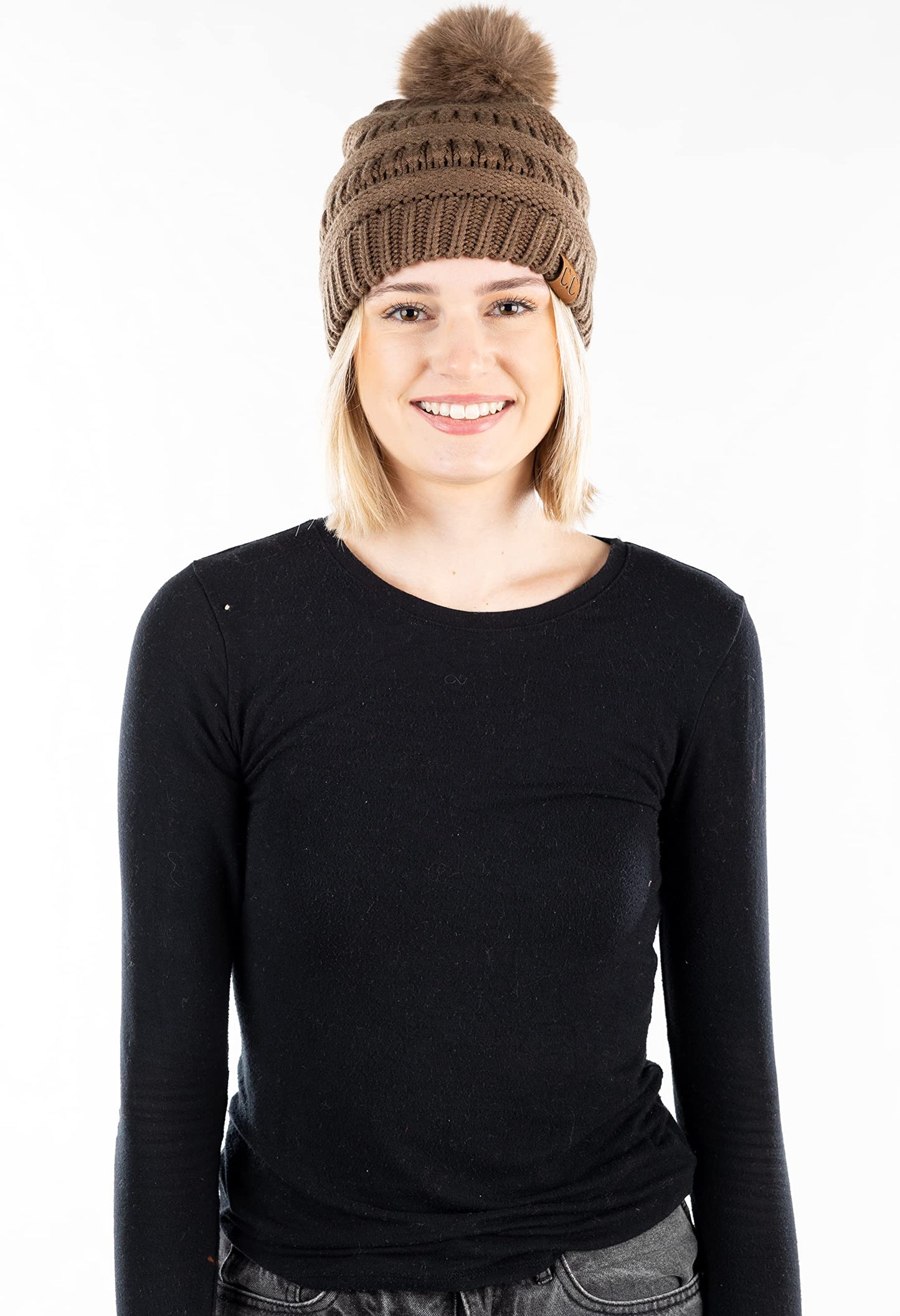 Ribbed Cable Knit Matching Faux Fur Pom Beanie