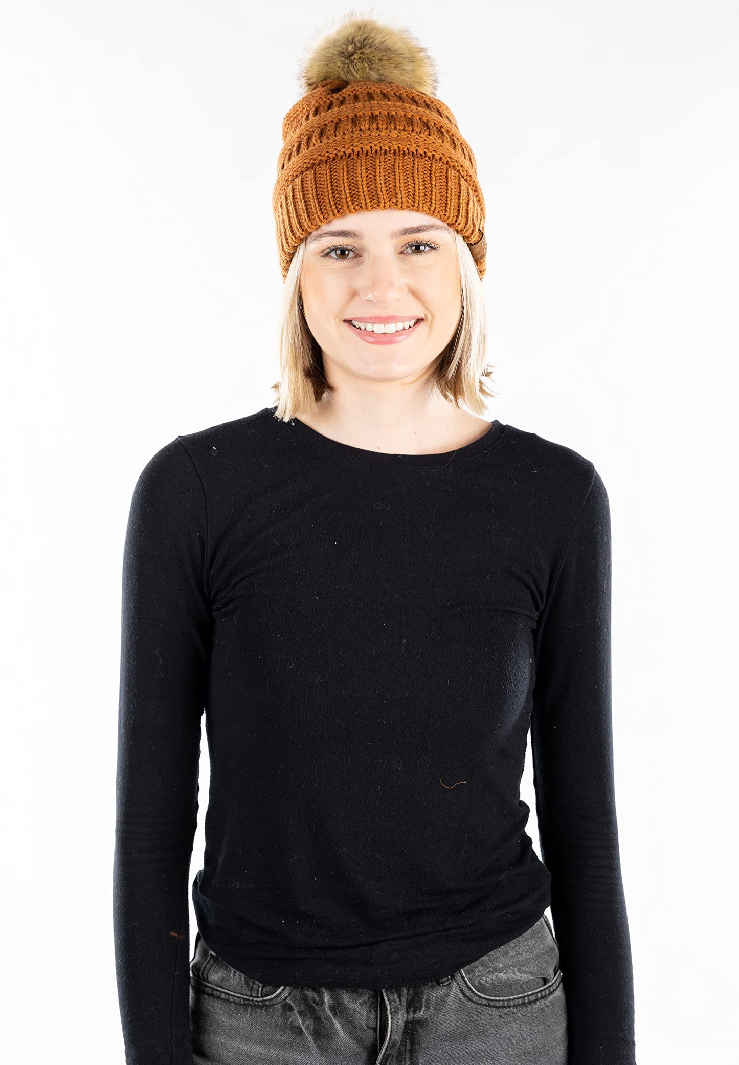 Ribbed Cable Knit Natural Faux Fur Pom Beanie