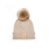 Childrens Knit Pom Beanie Hat: Diagonal Stripes Faux Fur Pom w/ patch