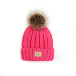 Knit Pom Beanie Hat: Cable Knit Faux Fur w/ patch