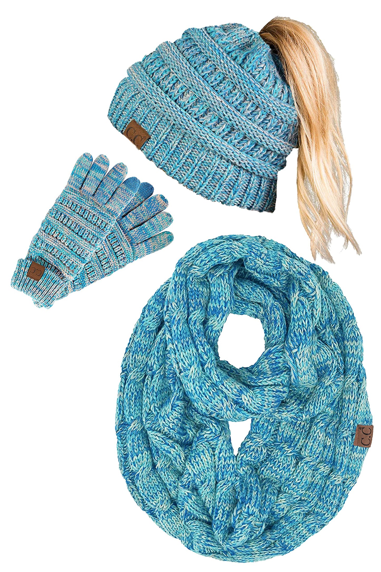 Ponytail Beanie, Infinity Scarf & Gloves Matching Set by Funky Junque