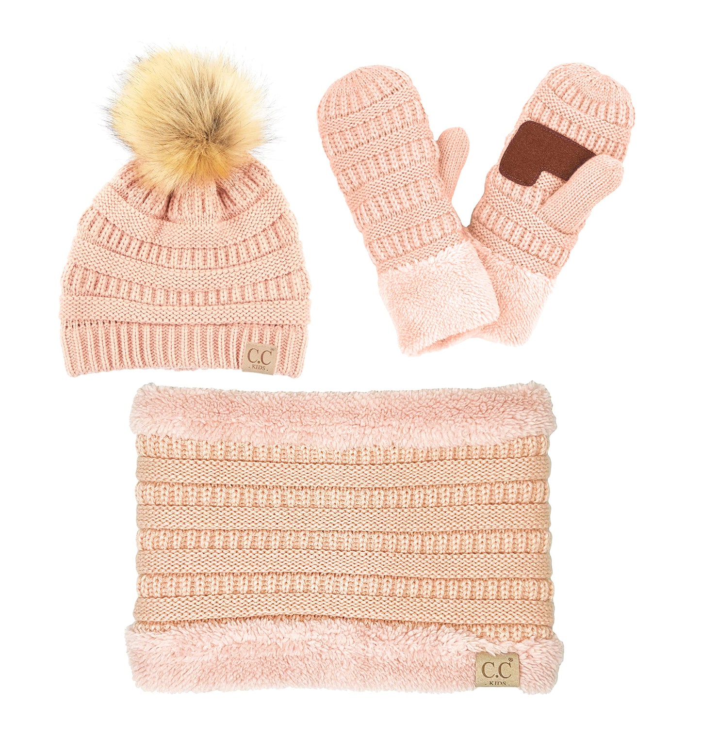 Kids Matching Pom Beanie, Neck Warmer & Mittens Set by Funky Junque