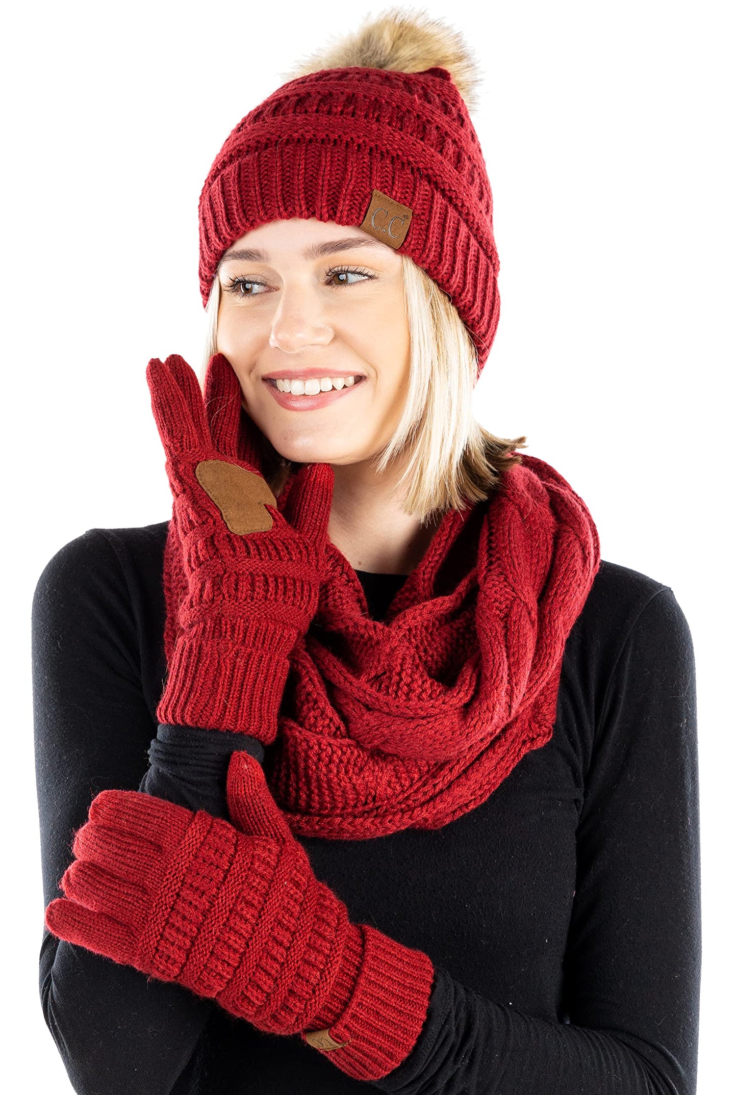 Matching 3 Pack: Pom Beanie, Infinity Scarf and Gloves Matching Set