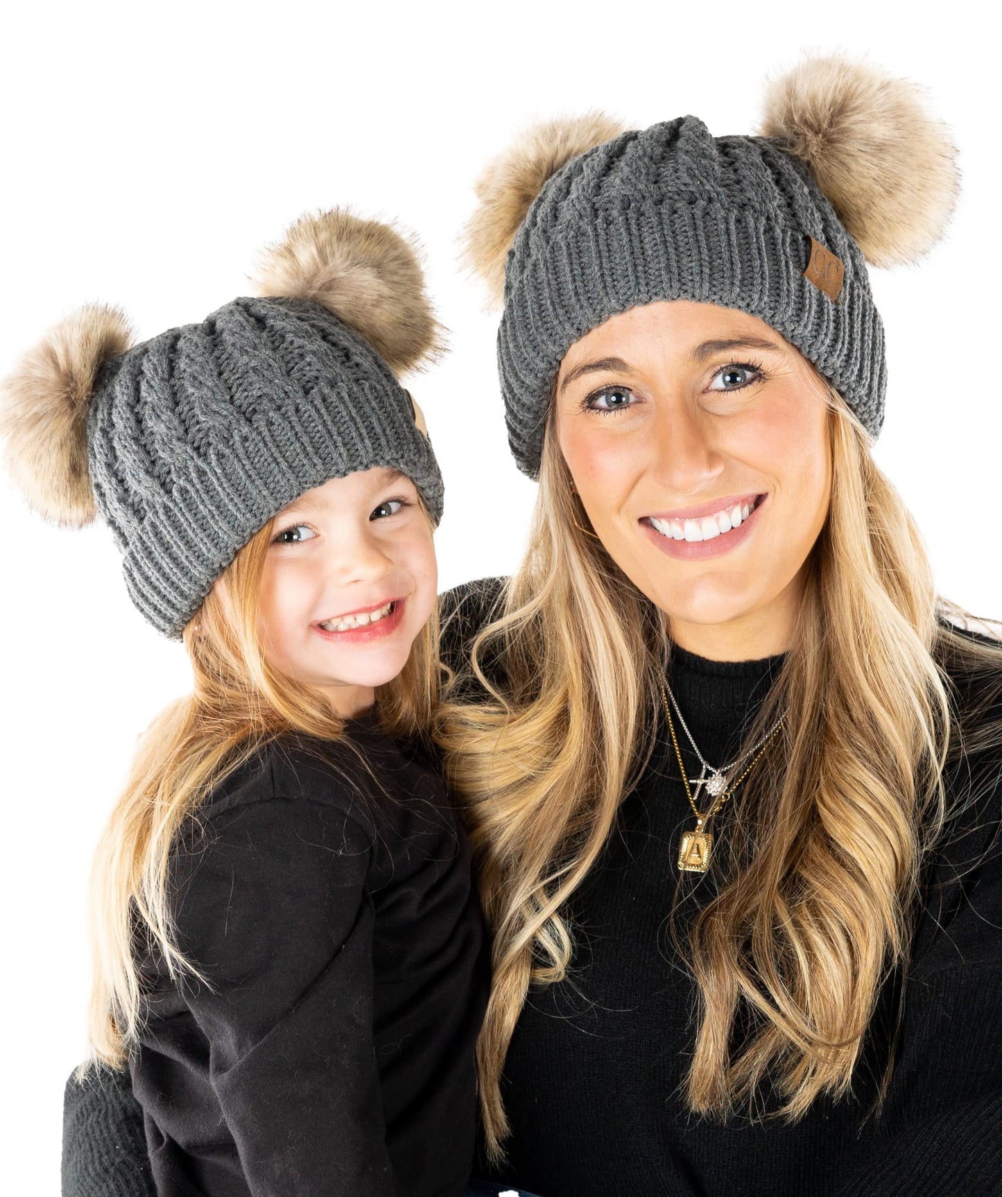 Funky Junque Matching Double Pom Pom Beanies Women, Toddler, Infant 2 Pack Bundles Warm Winter Soft Hats