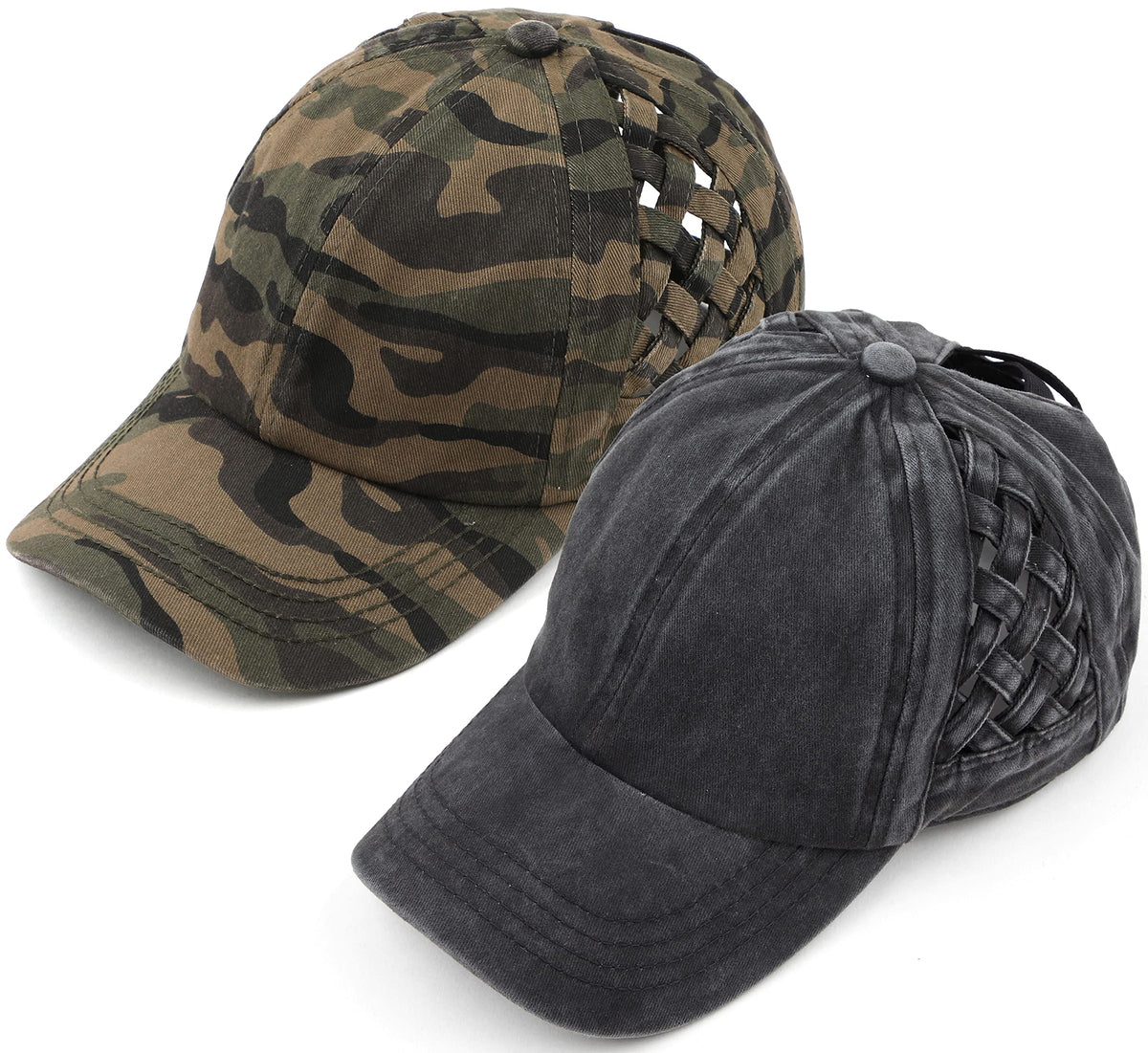 Funky Junque Criss Cross Hat Womens Baseball Cap Distressed Ponytail Messy Bun Trucker Ponycap