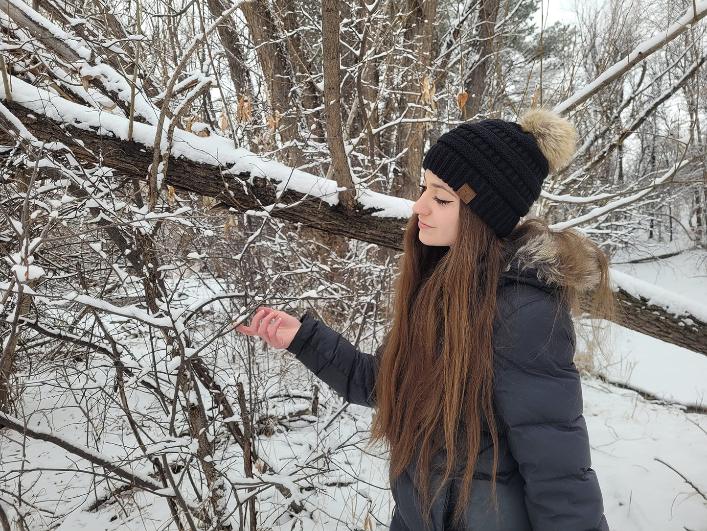 Ribbed Cable Knit Natural Faux Fur Pom Beanie