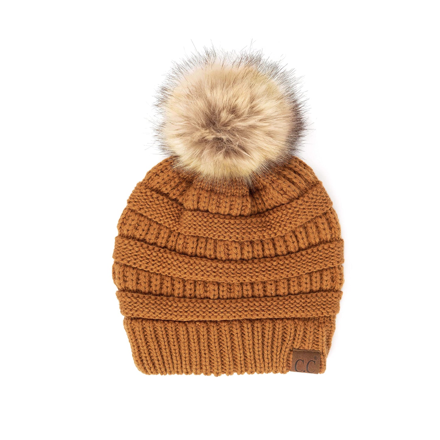 Ribbed Cable Knit Natural Faux Fur Pom Beanie