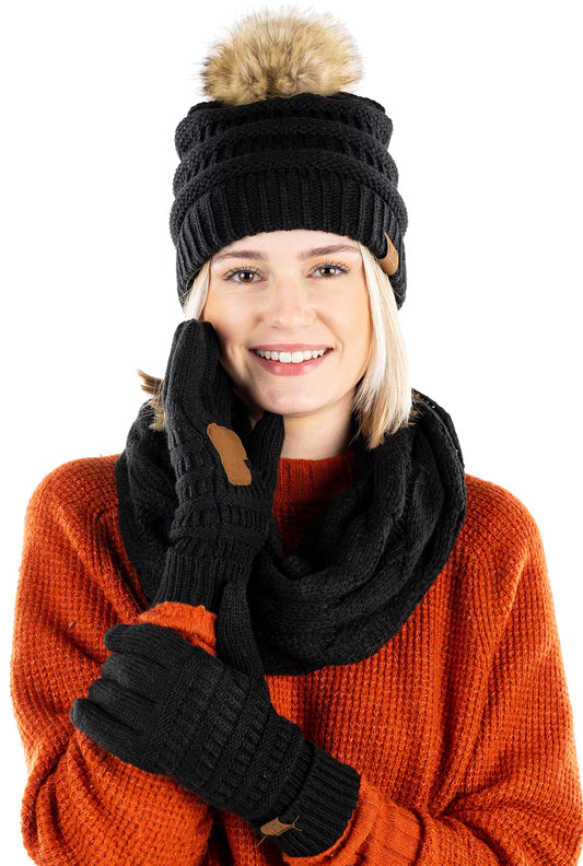 Matching 3 Pack: Pom Beanie, Infinity Scarf and Gloves Matching Set