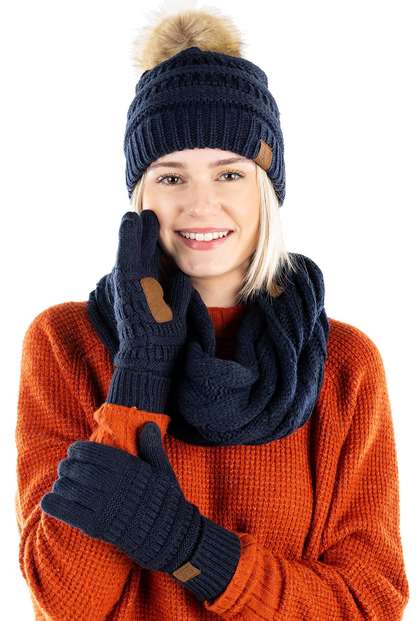 Matching 3 Pack: Pom Beanie, Infinity Scarf and Gloves Matching Set