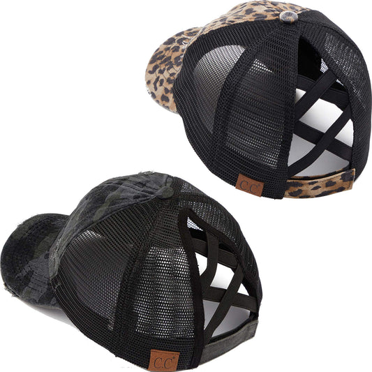Funky Junque Criss Cross Hat Womens Baseball Cap Distressed Ponytail Messy Bun Trucker Ponycap