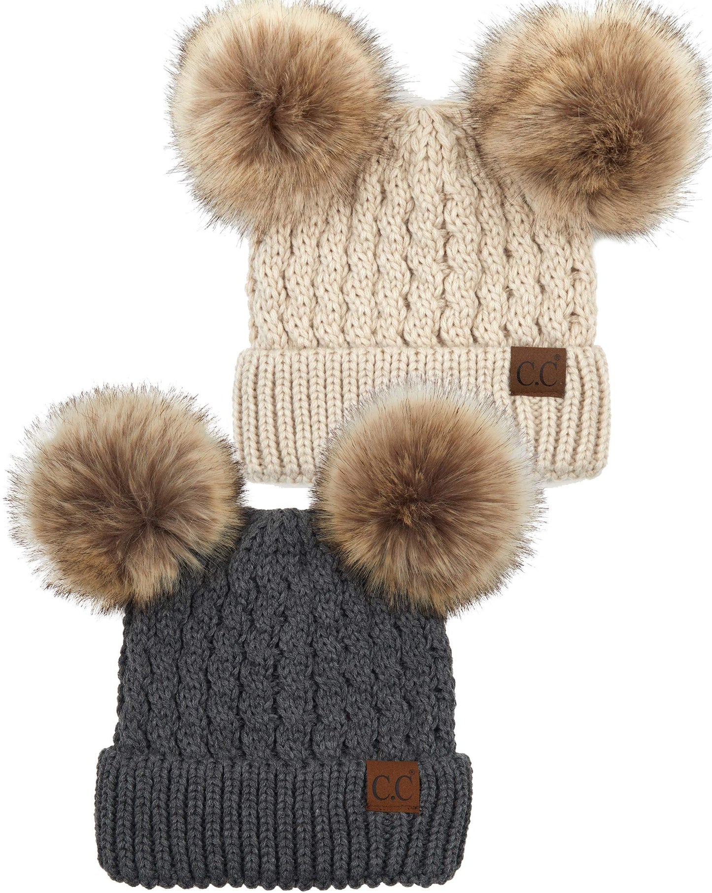 Double Pom Faux Fur Beanie by Funky Junque