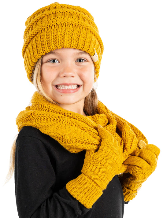 Kids 3 Pack Matching Set: Beanie, Infinity Scarf & Gloves - Mustard