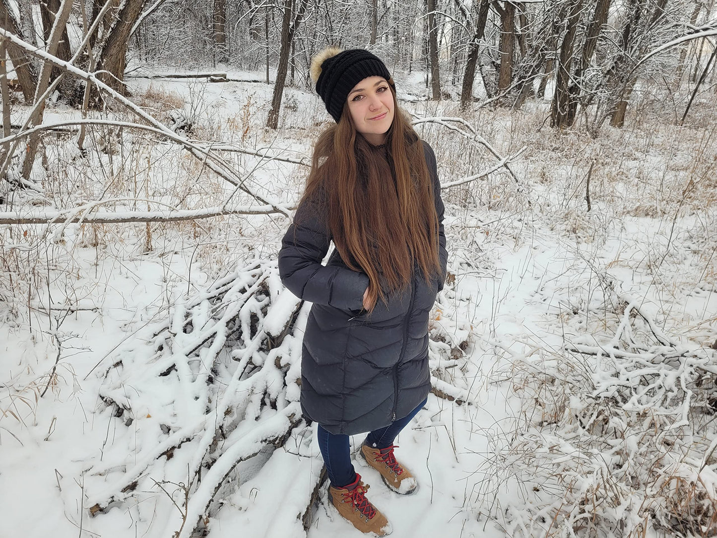 Ribbed Cable Knit Natural Faux Fur Pom Beanie