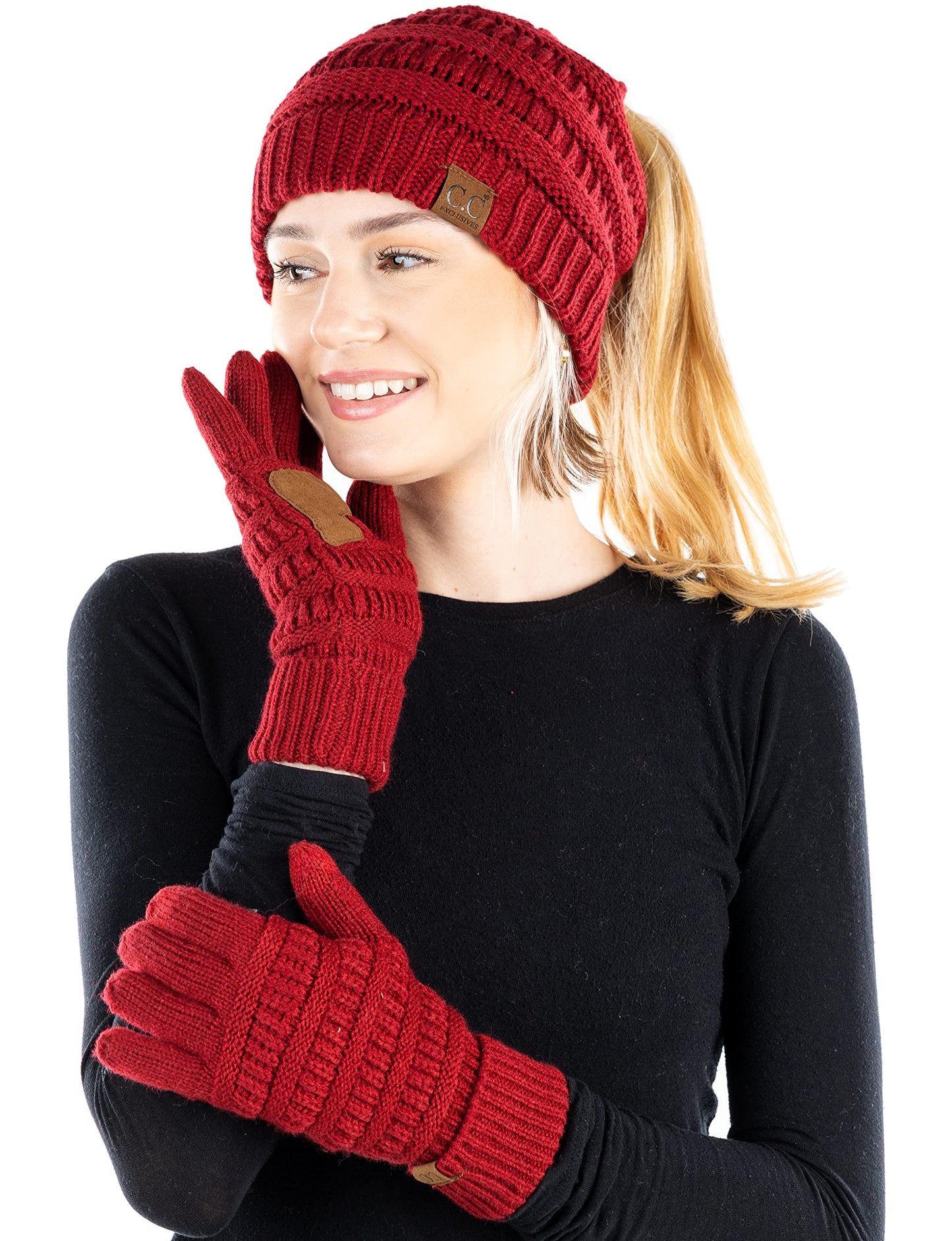 Ponytail Beanie & Gloves Matching Set by Funky Junque