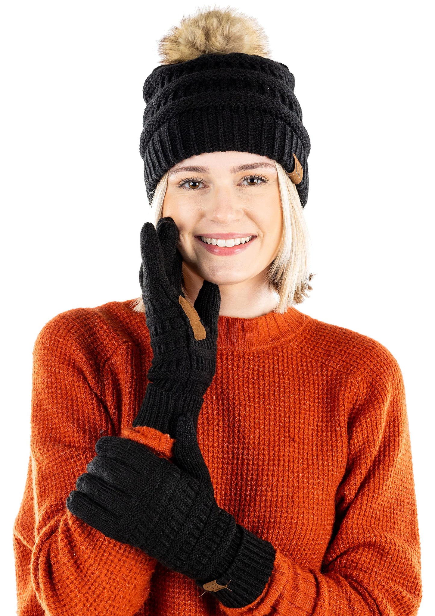 Pom Beanie & Lined Gloves Set (Natural Pom) by Funky Junque