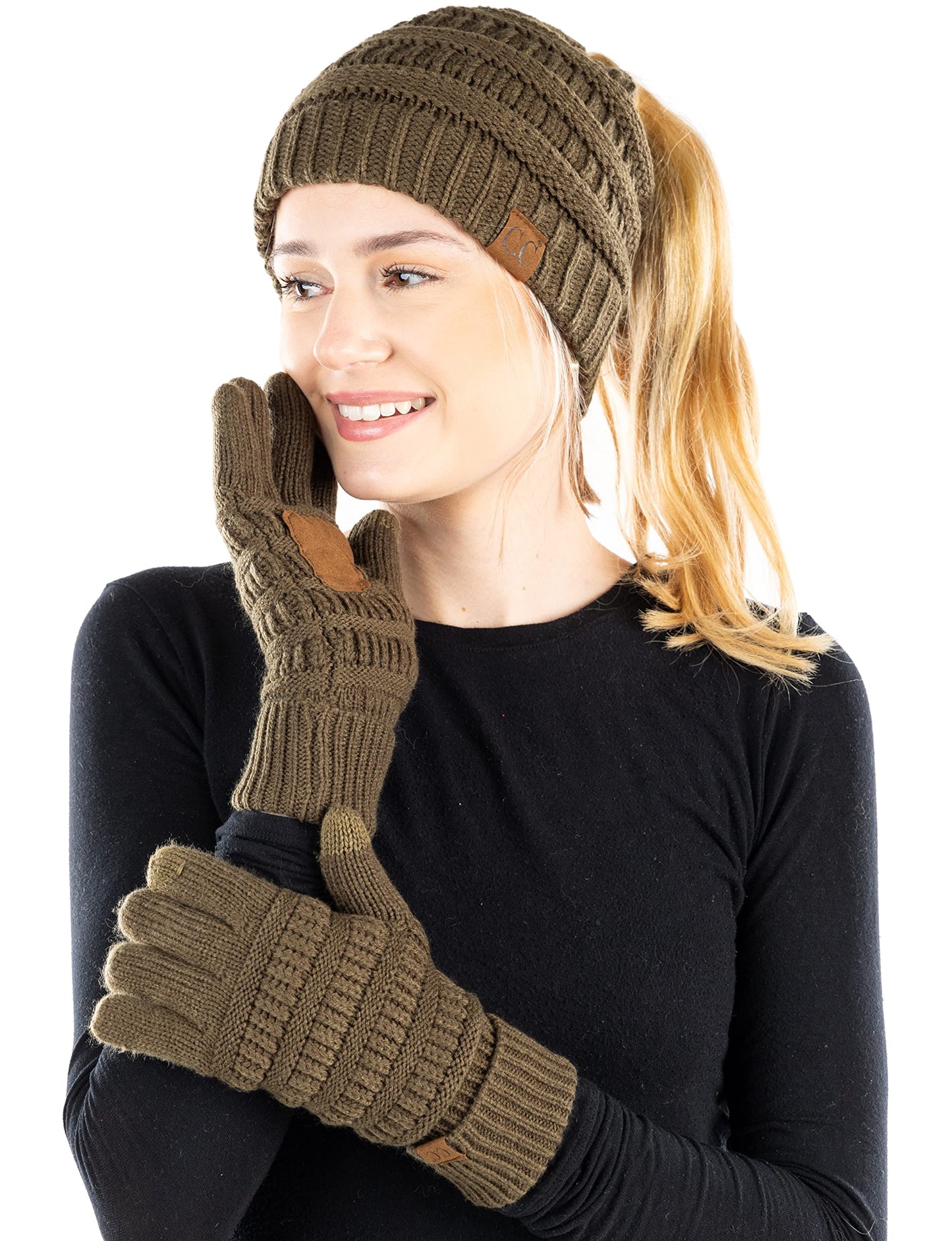 Ponytail Beanie & Gloves Matching Set by Funky Junque
