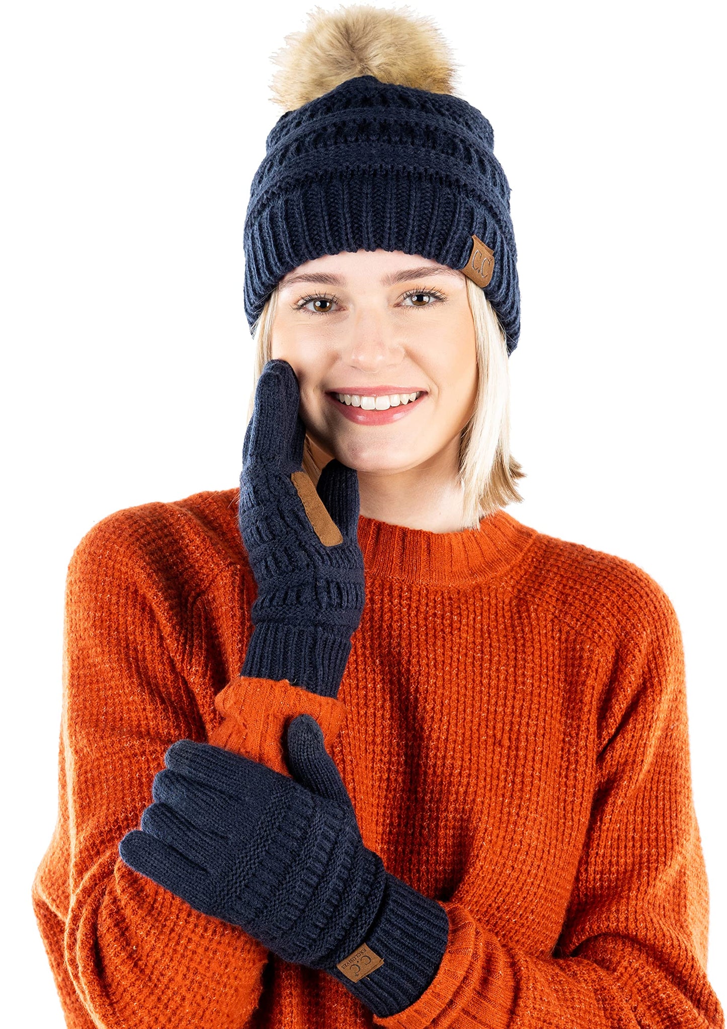 Pom Beanie & Lined Gloves Set (Natural Pom) by Funky Junque
