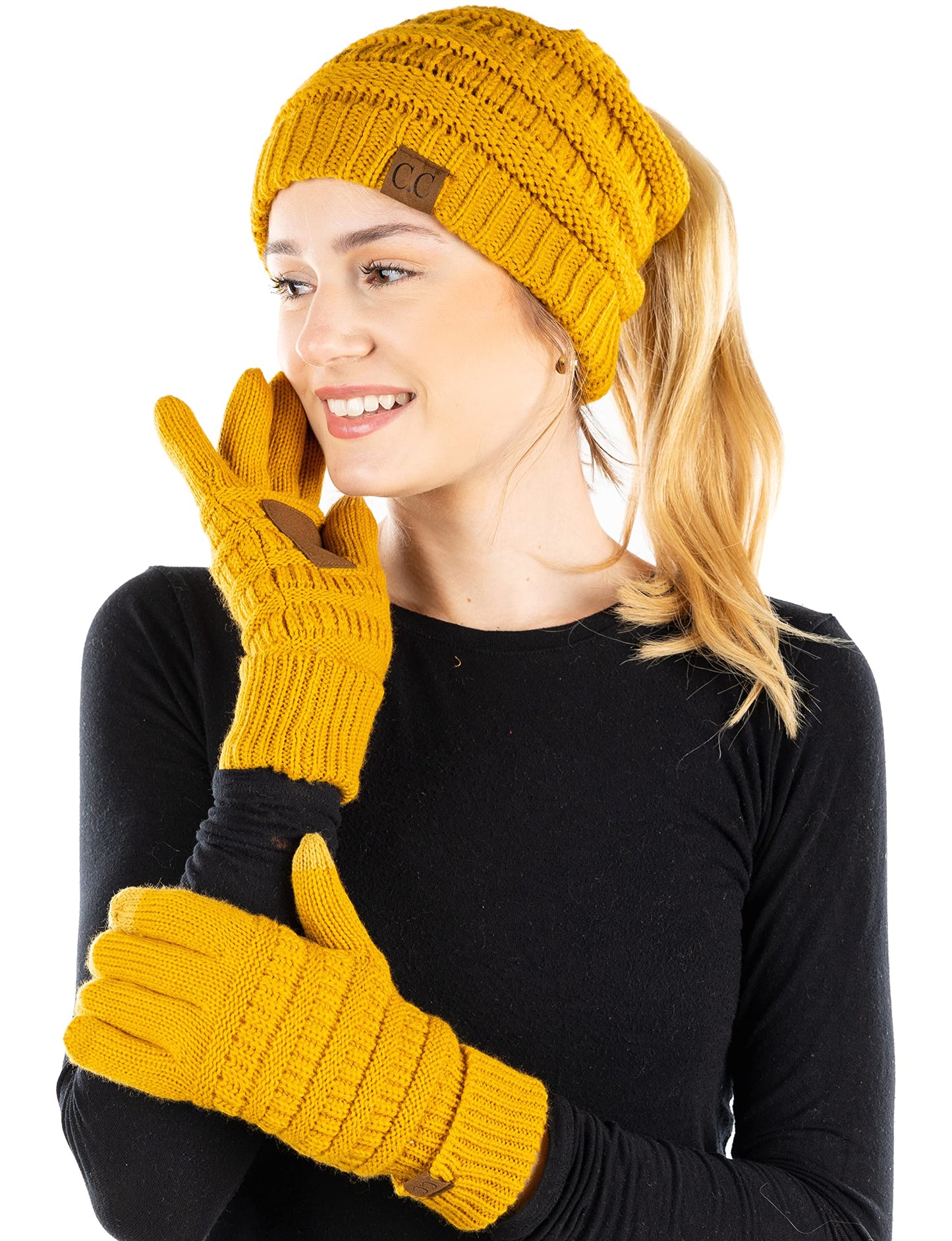 Ponytail Beanie & Gloves Matching Set by Funky Junque