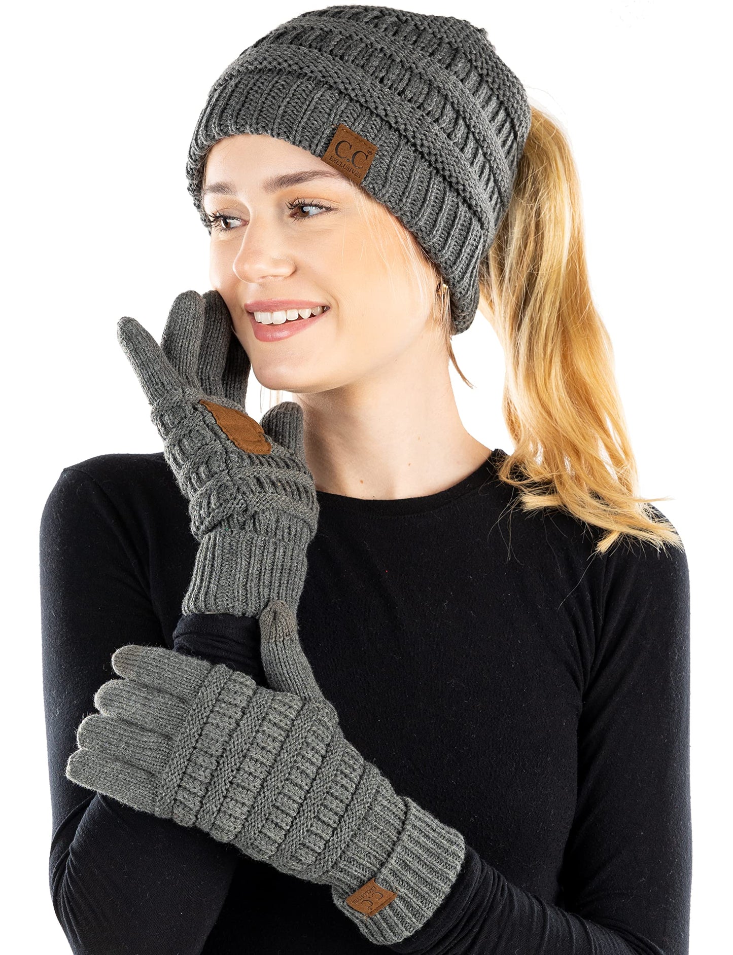 Ponytail Beanie & Gloves Matching Set by Funky Junque