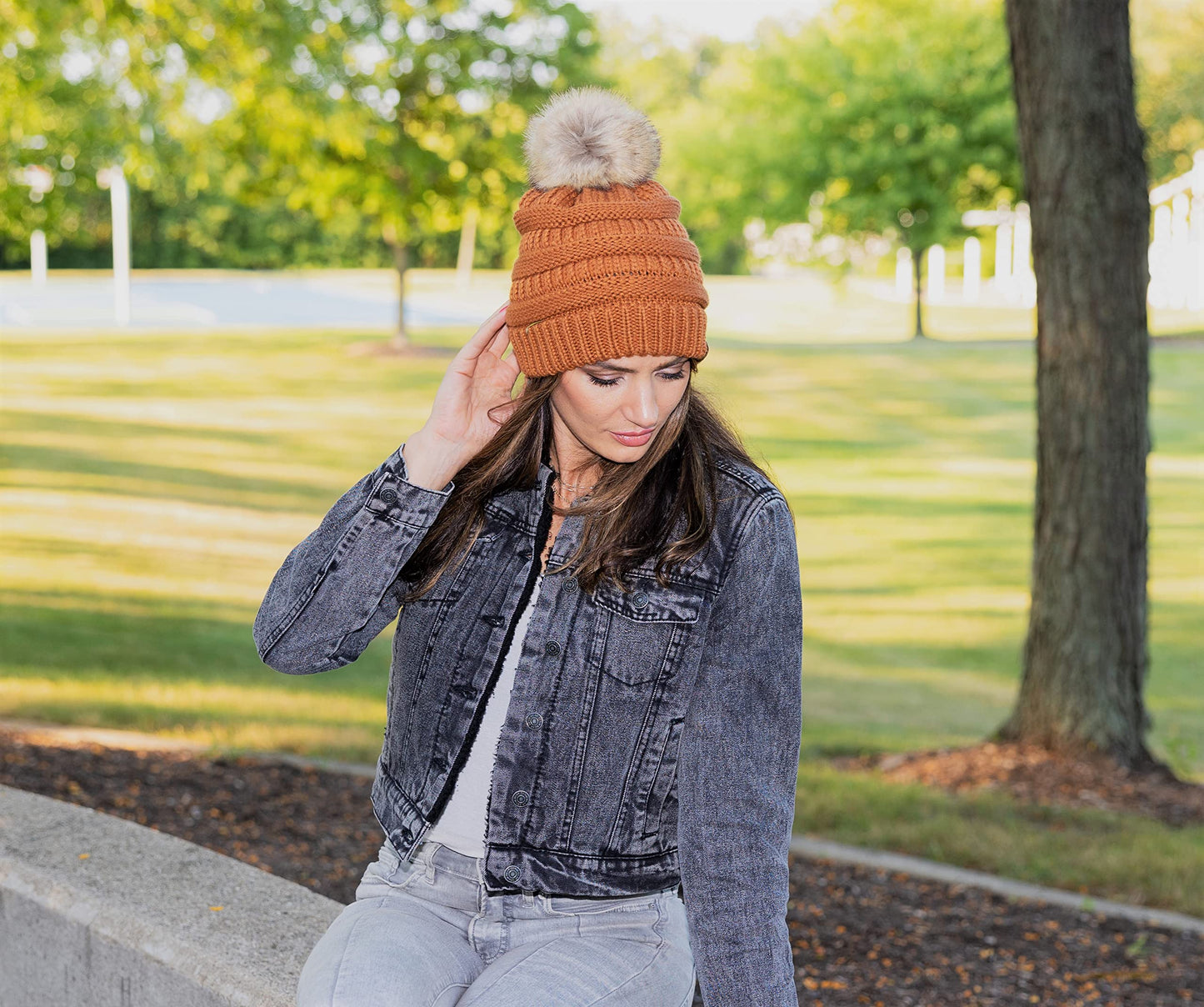 Ribbed Cable Knit Natural Faux Fur Pom Beanie