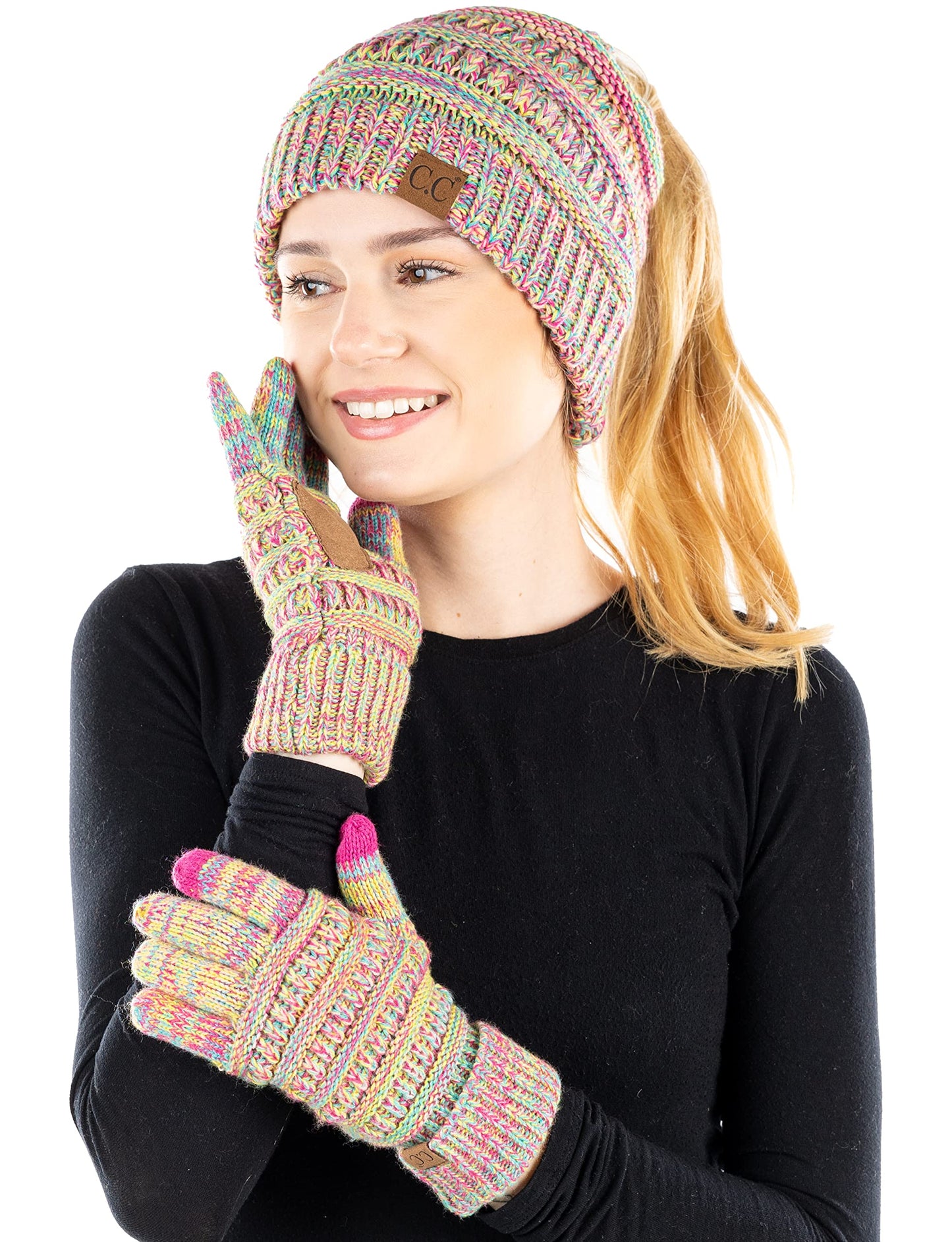 Ponytail Beanie & Gloves Matching Set by Funky Junque