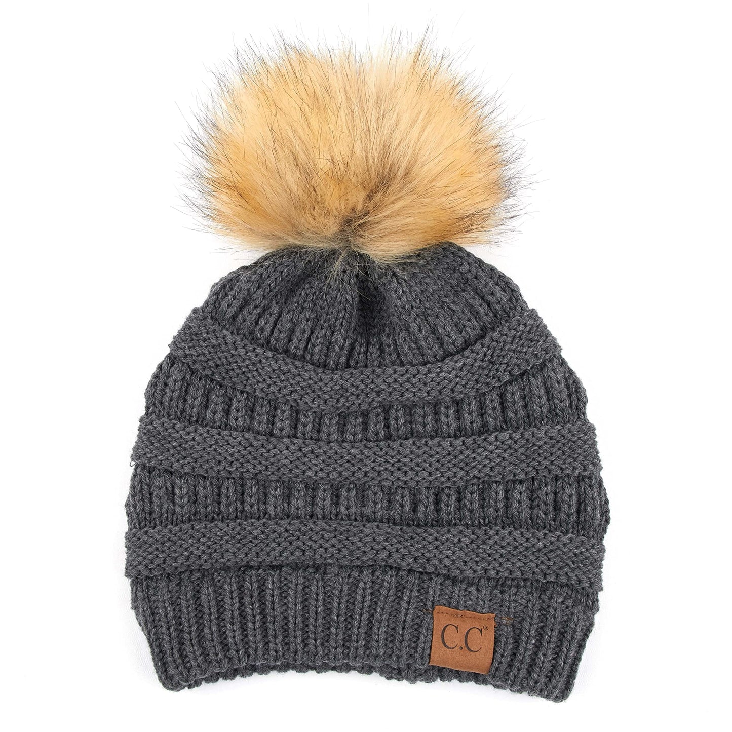 Ribbed Cable Knit Natural Faux Fur Pom Beanie