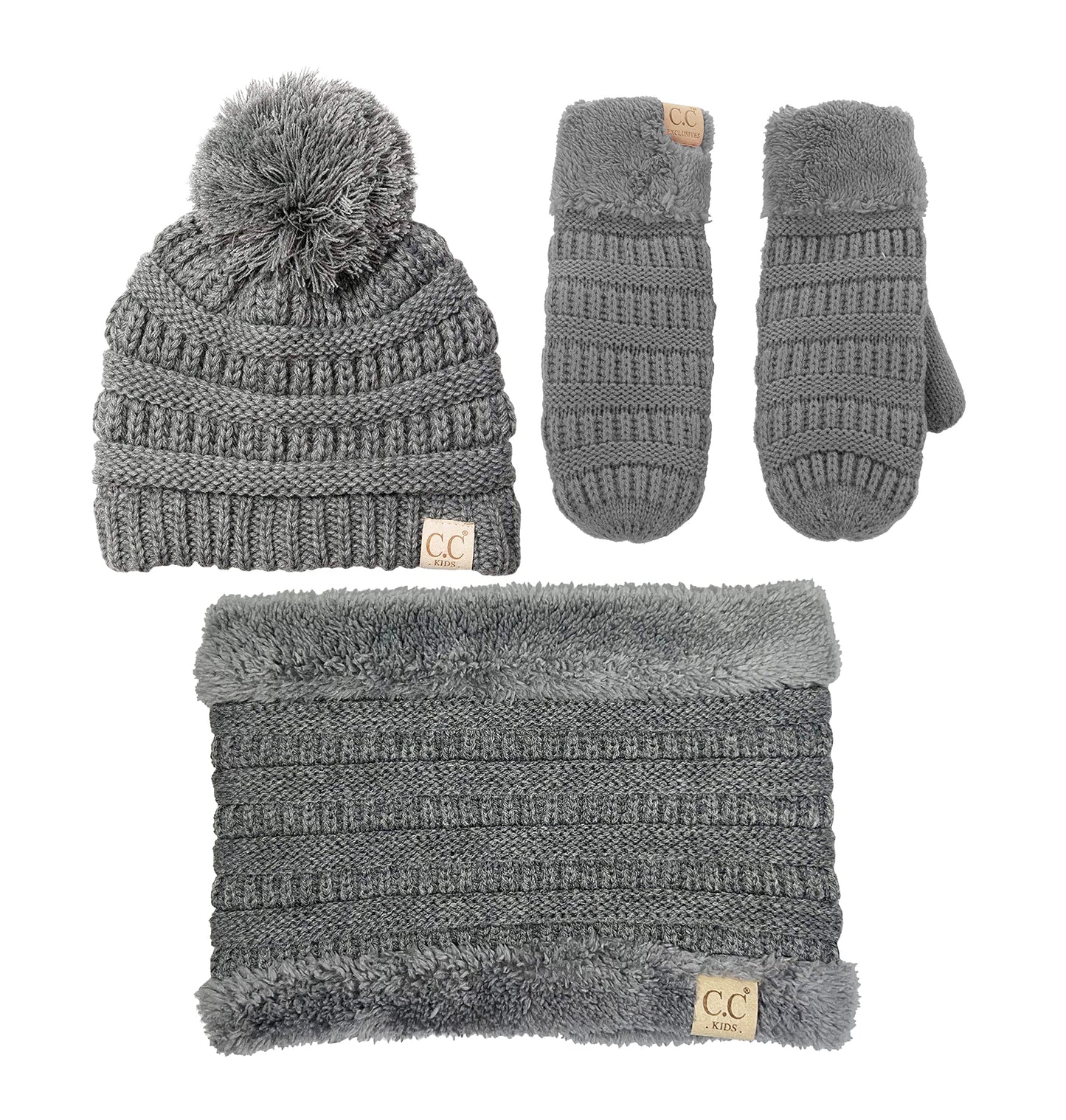 Kids Matching Pom Beanie, Neck Warmer & Mittens Set by Funky Junque