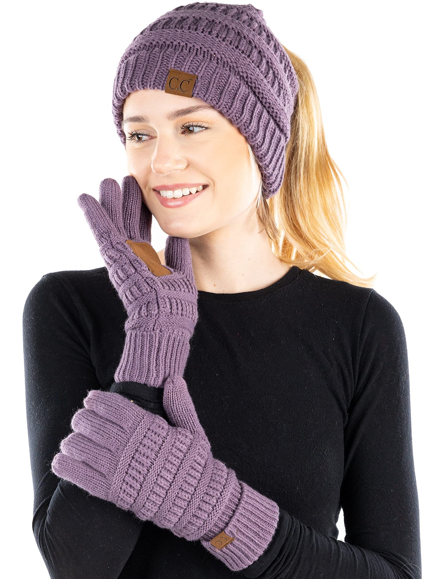 Ponytail Beanie & Gloves Matching Set by Funky Junque