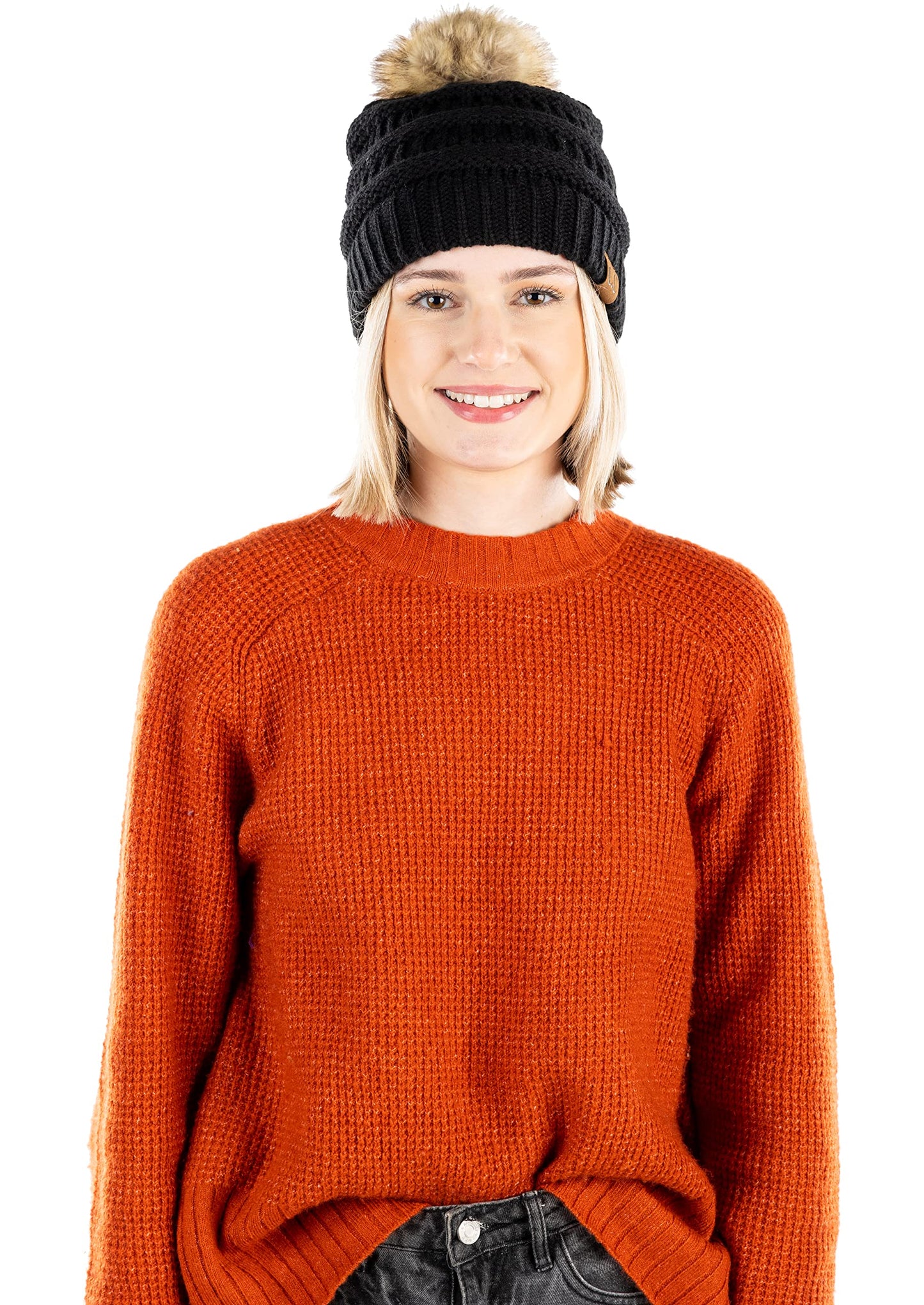 Ribbed Cable Knit Natural Faux Fur Pom Beanie