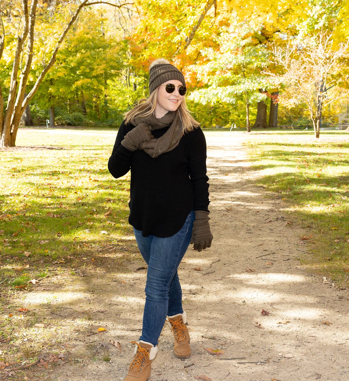 Matching 3 Pack: Pom Beanie, Infinity Scarf and Gloves Matching Set