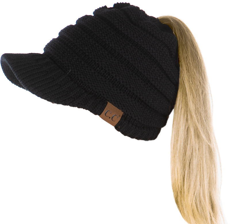 C.C. BeanieTail Women's Ponytail Cable Knit Beanie W/ Brim