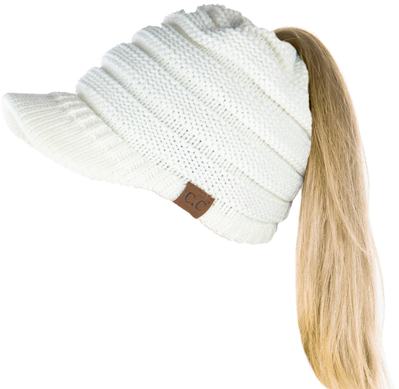 C.C. BeanieTail Women's Ponytail Cable Knit Beanie W/ Brim