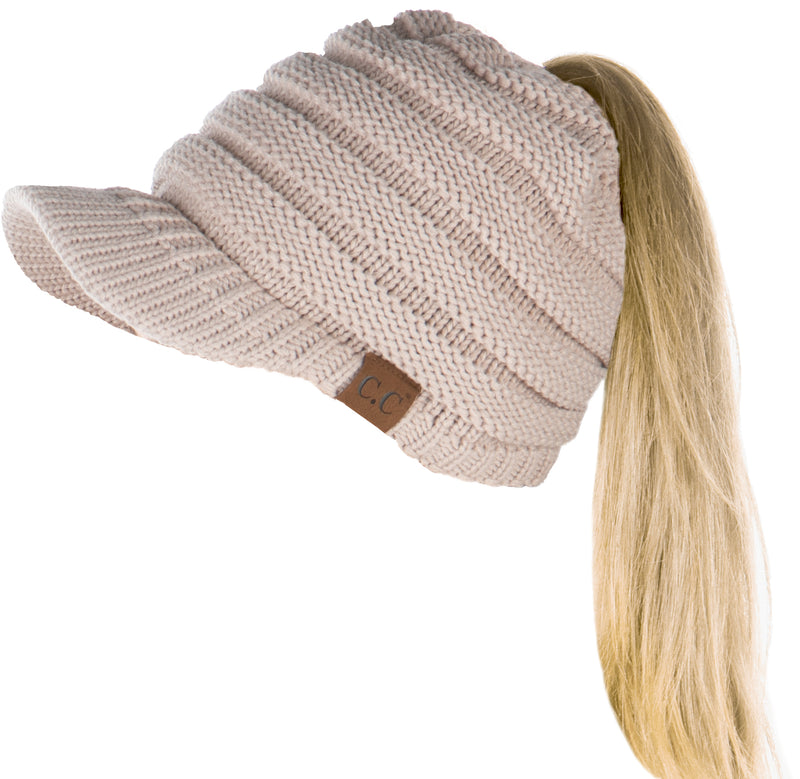 C.C. BeanieTail Women's Ponytail Cable Knit Beanie W/ Brim