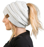 C.C. BeanieTail Women's Ponytail Cable Knit Beanie - Metallic