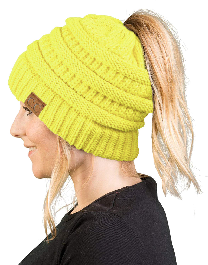 C.C. BeanieTail Women's Ponytail Cable Knit Beanie - Neon