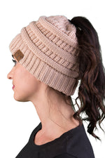 C.C. BeanieTail Women's Ponytail Cable Knit Beanie - Solid Colors