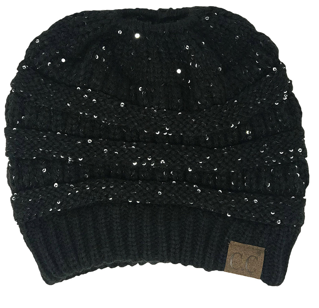C.C. BeanieTail Women's Ponytail Cable Knit Beanie - Sequin