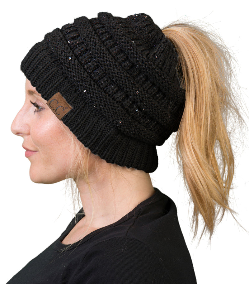 C.C. BeanieTail Women's Ponytail Cable Knit Beanie - Sequin