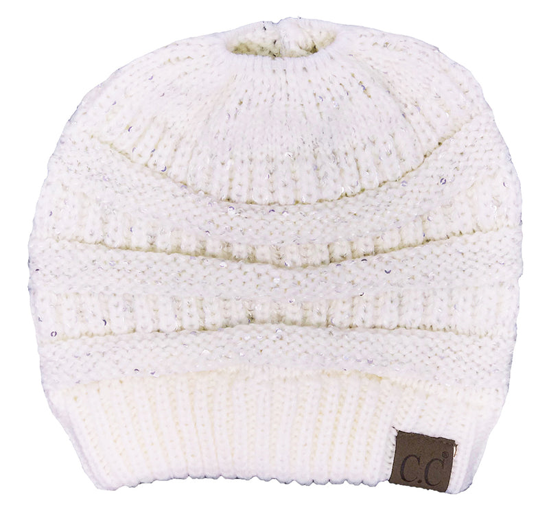 C.C. BeanieTail Women's Ponytail Cable Knit Beanie - Sequin