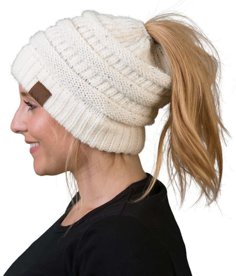 C.C. BeanieTail Women's Ponytail Cable Knit Beanie - Sequin