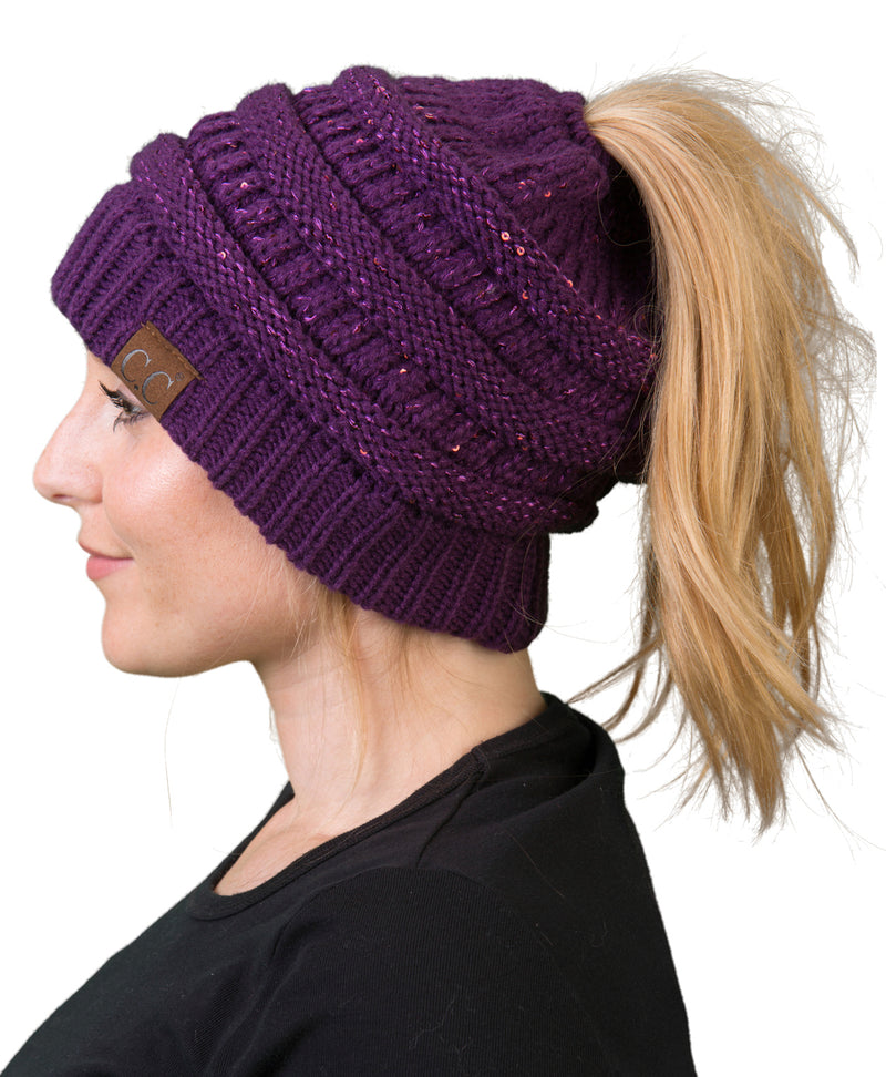 C.C. BeanieTail Women's Ponytail Cable Knit Beanie - Sequin