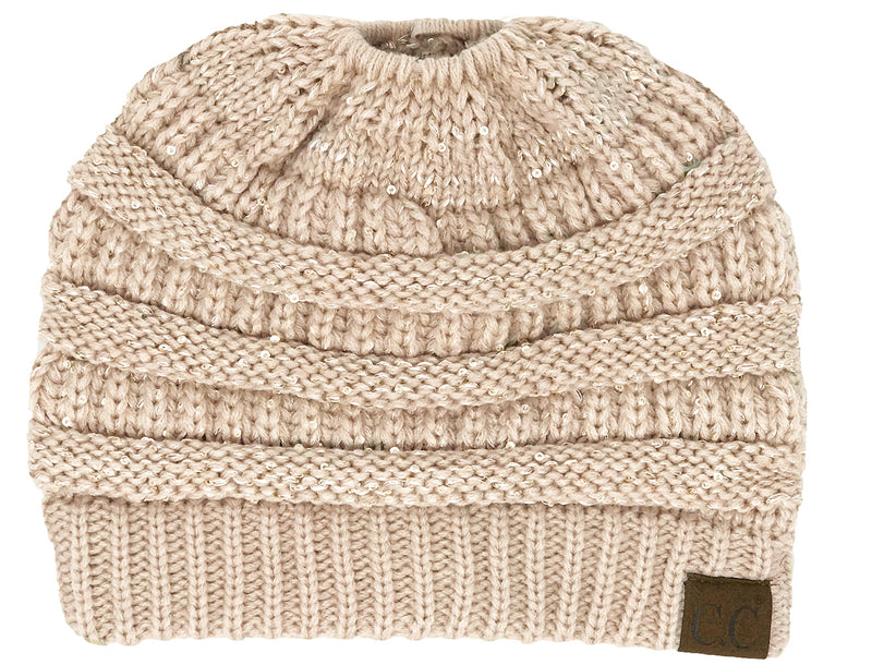 C.C. BeanieTail Women's Ponytail Cable Knit Beanie - Sequin