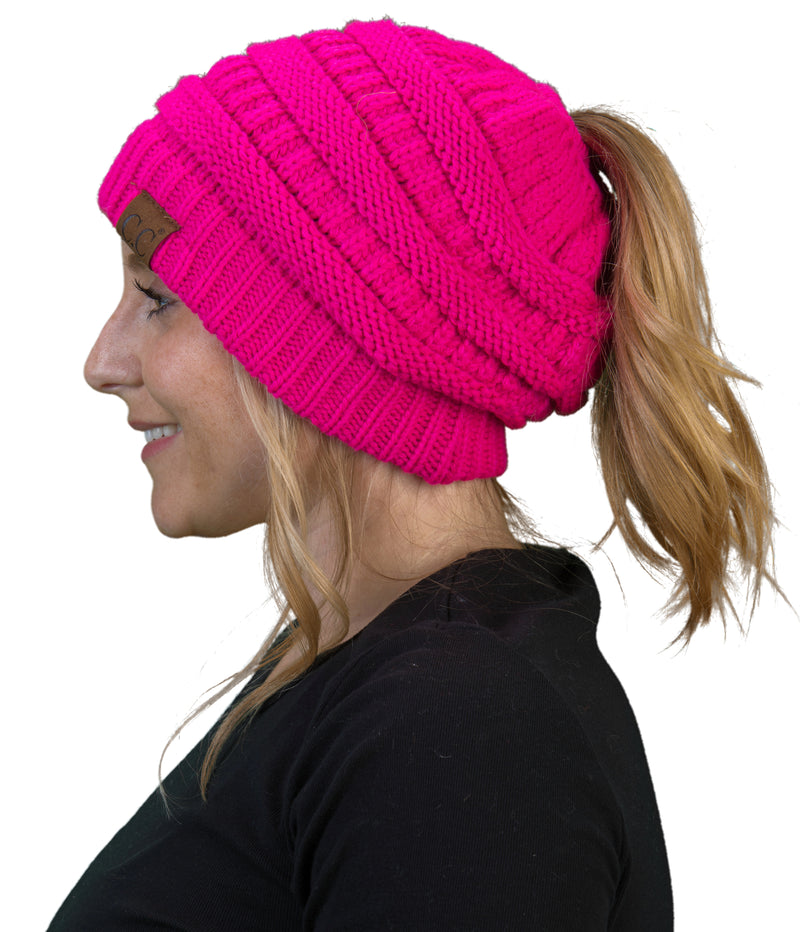 C.C. BeanieTail Women's Ponytail Cable Knit Beanie - Neon