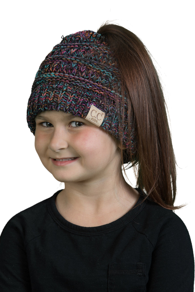 C.C. Kid's BeanieTail Ponytail Cable Knit Beanie - 4 Tone