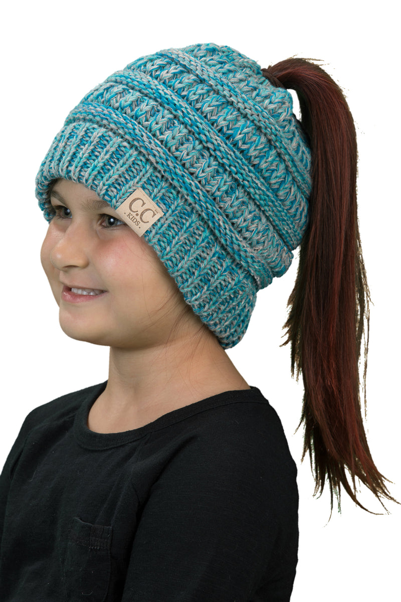 C.C. Kid's BeanieTail Ponytail Cable Knit Beanie - 4 Tone