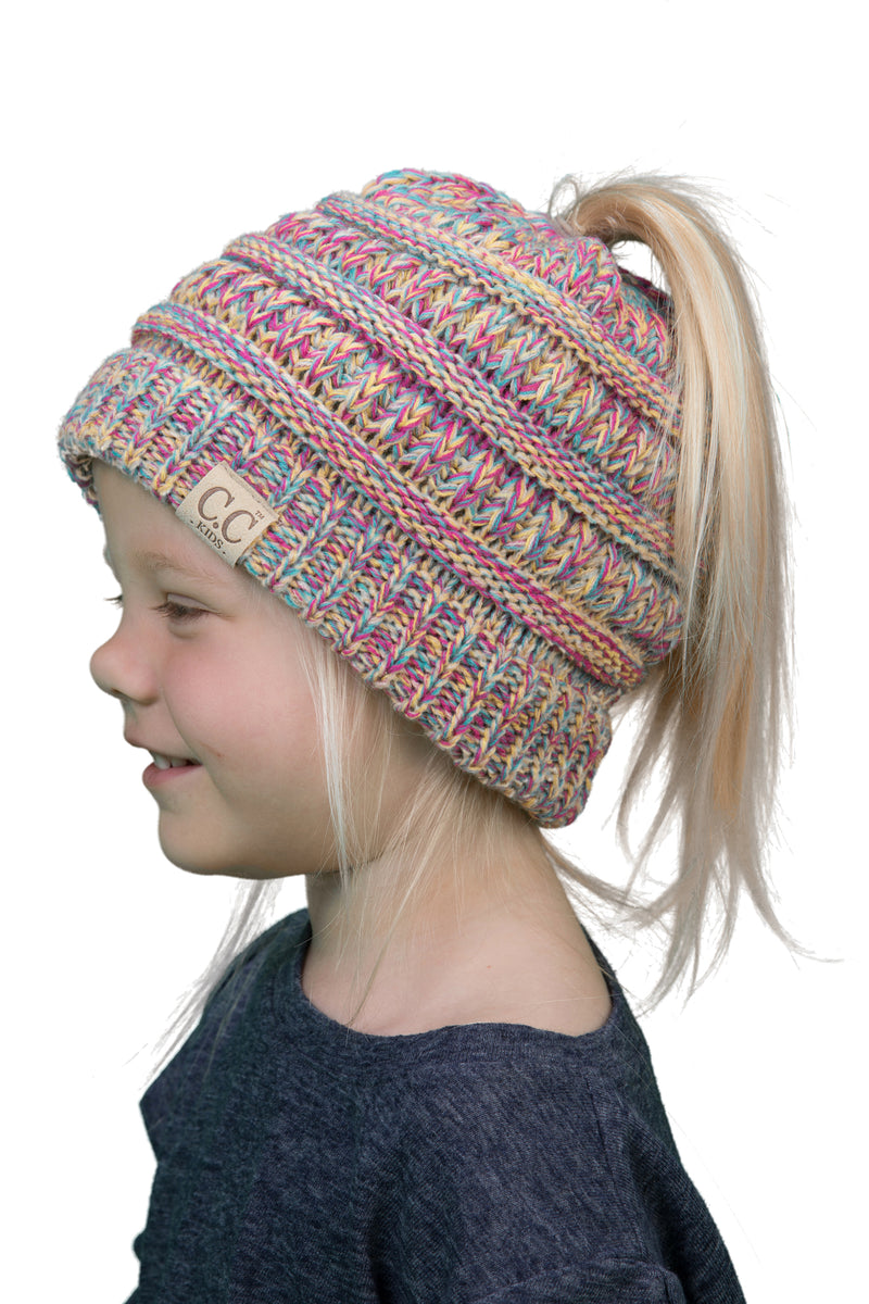 C.C. Kid's BeanieTail Ponytail Cable Knit Beanie - 4 Tone